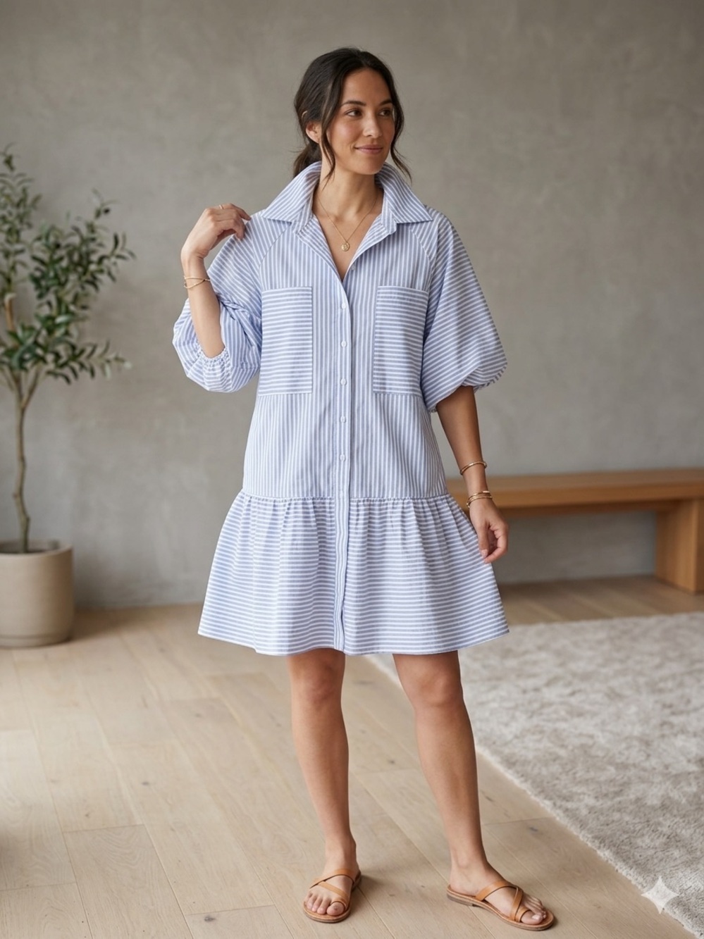 OLIVACEOUS Blue White Striped Puff Sleeve Shirt Dress Size M